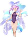  ahoge genderswap genderswap_(mtf) hair_ornament league_of_legends long_hair looking_at_viewer nam_(valckiry) personification purple_hair skarner smile solo swimsuit twintails wristband yellow_eyes 