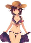  :0 ahoge aikawa_ruru arm_strap ass_visible_through_thighs bare_arms bare_shoulders bikini breasts cleavage collarbone colored_eyelashes cowboy_shot front-tie_top hair_flaps halter_top halterneck hat highres kantai_collection large_breasts leaf_print long_hair looking_at_viewer low_twintails navel purple_hair red_eyes revision side-tie_bikini solo stomach straw_hat sun_hat swimsuit taigei_(kantai_collection) thigh_gap thighs twintails 
