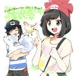  1girl alolan_form alolan_vulpix bag baseball_cap black_eyes black_hair closed_eyes copyright_name cowboy_shot cutiefly flower_(symbol) gen_7_pokemon hat hug messenger_bag mizuki_(pokemon) nagisa_(benizakura) pokemon pokemon_(creature) pokemon_(game) pokemon_sm shirt shoulder_bag simple_background smile striped striped_shirt t-shirt tied_shirt vulpix white_background you_(pokemon) 