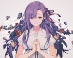  1girl animal bug butterfly closed_mouth collared_dress commentary dress fate/stay_night fate_(series) grey_background hair_ribbon hands_up insect interlocked_fingers long_hair matou_sakura nagu puffy_short_sleeves puffy_sleeves purple_eyes purple_hair red_ribbon ribbon short_sleeves smile solo white_dress 
