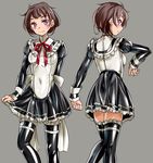  brown_hair frilled_legwear frilled_skirt frills fumi11gou grey_background juliet_sleeves latex latex_dress long_sleeves miniskirt original puffy_sleeves ribbon shiny shiny_clothes simple_background skin_tight skirt smile thighhighs zettai_ryouiki 