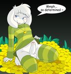  4_fingers asriel_dreemurr balls blue_eyes blush clothed clothing clothing_lift english_text erection flower fur hair helsy humanoid_penis jewelry kneeling legwear male necklace open_mouth partially_retracted_foreskin penis plant shirt shirt_lift simple_background solo stockings teenager text uncut undertale video_games white_fur white_hair young 