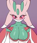 arthropod blush breasts clothing featherystorm female insect looking_at_viewer lurantis mantis nintendo open_mouth pok&eacute;mon red_eyes video_games 