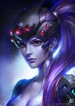  artist_name bodysuit breasts center_opening cleavage earrings ears expressionless head_mounted_display highres jewelry lips long_hair looking_at_viewer medium_breasts nose overwatch ponytail purple_hair purple_skin qichao_wang realistic solo stud_earrings upper_body watermark web_address widowmaker_(overwatch) yellow_eyes 
