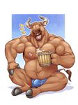  alcohol anthro beer belly beverage biceps big_biceps body_hair bovine bulge cattle chest_hair clothed clothing cup eclipsewolf eyes_closed front_view hairy hi_res holding_object hooves horn male mammal manly mature_male muscular muscular_male open_mouth pants pecs relaxing scar simple_background sitting slightly_chubby solo teeth tongue topless 
