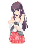  bad_id bad_pixiv_id bare_shoulders blue_eyes blush bra brown_hair cardigan cherry_print floral_print food_print hair_ornament hair_scrunchie inui_sanagi long_hair looking_at_viewer new_game! open_cardigan open_clothes open_mouth pink_bra ponytail print_skirt red_skirt scrunchie simple_background skirt solo takimoto_hifumi underwear undressing white_background 