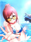  artist_name bad_id bad_pixiv_id bangs bare_shoulders bikini black-framed_eyewear blue_bikini blue_sky blush breasts brown_eyes brown_hair cleavage collarbone day drone eyebrows eyebrows_visible_through_hair fingernails floating glasses hair_bun highres hollowgom large_breasts long_fingernails looking_at_viewer machinery mei_(overwatch) navel ocean overwatch palms partially_submerged pink_lips reaching reaching_out robot short_hair sidelocks sky smile snowball_(overwatch) solo swimsuit thigh_gap wading water 