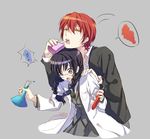  1boy 1girl :o akabane_karma ansatsu_kyoushitsu bangs bendy_straw black_hair black_jacket black_neckwear blazer braid buttons cat_princess coat collared_shirt cropped_torso dress_shirt drinking_straw eyebrows eyebrows_visible_through_hair flask glasses grey_background grey_jacket grey_pants grey_skirt hair_between_eyes hair_tie hand_on_another's_shoulder head_on_head head_rest height_difference holding jacket juice_box labcoat leaning_forward leaning_on_person long_hair long_sleeves looking_down motion_lines necktie okuda_manami open_clothes open_coat open_mouth pants pleated_skirt pocket purple_eyes red_hair school_uniform shirt simple_background skirt speech_bubble spill spoken_exclamation_mark surprised test_tube twin_braids twintails twitter_username unbuttoned unbuttoned_shirt white_shirt yellow_eyes 