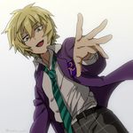  blazer blonde_hair blue_eyes dutch_angle gradient gradient_background hanazawa_teruki jacket male_focus mob_psycho_100 necktie open_clothes open_jacket outstretched_hand sanpaku smile solo striped striped_neckwear twitter_username tyeinn-suineryuu 