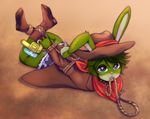  &lt;3 &lt;3_eyes 2016 anthro arms_tied bdsm bondage boots bound bound_legs bound_wrists clothing collar cow_pattern cowboy cowboy_boots cowboy_hat flash(character) floppy_ear footwear fur girly green_fur green_hair hair hat jacket lagomorph lasso light_bondage looking_at_viewer lying male mammal neckerchief on_front pastelletta rabbit rope shorts simple_background solo water_gun 