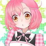  :o ahoge asymmetrical_bangs ayase_naru bangs beamed_eighth_notes bow brown_eyes eyebrows eyebrows_visible_through_hair looking_down musical_note pink_hair pretty_(series) pretty_rhythm pretty_rhythm_rainbow_live puffy_short_sleeves puffy_sleeves short_hair short_sleeves solo upper_body yuzu_koneko 