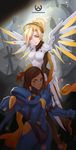  black_hair blonde_hair bodysuit breasts brown_eyes cicely clenched_hand copyright_name dark_skin emblem eye_of_horus facial_mark facial_tattoo gloves hair_tubes high_ponytail lips long_hair looking_at_viewer mechanical_halo mechanical_wings medium_breasts mercy_(overwatch) multiple_girls overwatch pantyhose petals pharah_(overwatch) power_armor staff tattoo wings yellow_eyes yellow_wings 