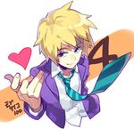  bad_id bad_twitter_id beckoning blonde_hair blue_eyes copyright_name hanazawa_teruki heart looking_at_viewer male_focus mob_psycho_100 necktie outstretched_hand school_uniform smile solo striped striped_neckwear 
