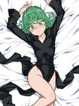  arms_up bed between_legs black_dress blush breasts cameltoe cowboy_shot curly_hair dress funnyari green_eyes green_hair looking_at_viewer lying on_back one-punch_man short_hair small_breasts solo tatsumaki thighs 