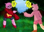  ! 2019 blue_eyes blush butt clothed clothing detailed_background digital_drawing_(artwork) digital_media_(artwork) duo footwear hair hi_res hoodie humanoid kirby kirby_(series) male meme nintendo not_furry open_mouth outside pink_hair pink_skin pointing speech_bubble standing star text video_games yoshimister 