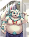  agyou aotoaka bell belly big_belly clothed clothing flexing hi_res jevicho99 komainu male mirror moobs nipples pubes ribbons slightly_chubby solo tokyo_afterschool_summoners topless tuft video_games 