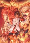  arcanine black_legwear brown_hair candela_(pokemon) charmander clenched_hand dark_skin english fire flareon gen_1_pokemon gloves holding holding_poke_ball moltres open_mouth pantyhose payoki poke_ball pokemon pokemon_(creature) pokemon_go rapidash red short_hair vulpix 