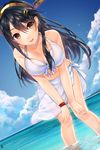  bare_shoulders bikini black_hair bracelet breasts cleavage cloud cloudy_sky day dutch_angle front-tie_top hair_ornament hairband hairclip halter_top halterneck hands_on_own_knees haruna_(kantai_collection) highres jewelry jun_project kantai_collection leaning_forward long_hair looking_at_viewer medium_breasts midriff ocean open_mouth outdoors sarong see-through sky smile solo standing standing_on_liquid swimsuit wading white_bikini 