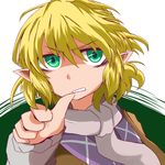  arm_warmers bags_under_eyes biting blonde_hair eyebrows_visible_through_hair face green_eyes looking_at_viewer mizuhashi_parsee pointy_ears scarf solo thumb_biting thumb_to_mouth touhou yasui_nori 