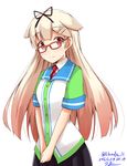  2016 aikawa_ryou alternate_costume bespectacled black_ribbon black_skirt blonde_hair blouse dated employee_uniform eyebrows eyebrows_visible_through_hair familymart glasses gradient_hair hair_flaps hair_ribbon highres kantai_collection light_smile long_hair looking_at_viewer multicolored_hair necktie pleated_skirt red_eyes red_hair red_neckwear remodel_(kantai_collection) ribbon signature skirt solo uniform upper_body v_arms white_blouse yuudachi_(kantai_collection) 