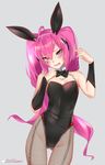  animal_ears ass_visible_through_thighs bare_shoulders blue_eyes bow bowtie bunny_ears bunnysuit detached_collar fang fishnet_pantyhose fishnets fu-mi.a grace_(sound_voltex) highres long_hair looking_at_viewer open_mouth pantyhose pink_hair solo sound_voltex twintails 