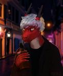  2016 alcohol anthro beverage clothing dragon eastern_dragon hair horn looking_at_viewer male mirtrud red_skin scalie solo styx_y._renegade white_eyes white_hair white_skin 