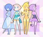  alternate_form amethyst_(steven_universe) blue_pearl_(steven_universe) blue_skin blush dav-19 forehead_jewel gem hair_over_face hand_on_hip leotard long_skirt miniskirt multiple_girls pale_skin pearl_(steven_universe) pompadour purple_skin sash see-through short_hair short_shorts shorts skirt sleeveless sparkle steven_universe sword thighhighs weapon yellow_pearl_(steven_universe) yellow_skin 