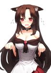  animal_ears arms_at_sides bare_shoulders blouse breasts brooch brown_hair cleavage clenched_hands collar collarbone dog_collar ears_down fang flying_sweatdrops frilled_sleeves frills highres imaizumi_kagerou jewelry large_breasts long_hair long_sleeves looking_at_viewer off_shoulder open_mouth paw_pose pleated_skirt red_eyes red_pupils red_skirt sh_(562835932) skirt skirt_set slit_pupils solo touhou upper_body wavy_mouth white_blouse wide_sleeves wolf_ears 