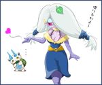  abbreviated_karakusa bare_shoulders border breasts cleavage dress elbow_gloves furoshiki fuumin_(youkai_watch) gloves hair_over_one_eye half-closed_eyes heart humanization komasan kumalita large_breasts leaf leaf_on_head pantyhose pink_eyes purple_gloves purple_legwear simple_background solo_focus strap_gap walking white_background youkai_watch 