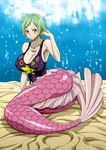  1girl adjusting_hair armpits bare_arms bare_shoulders bed blush breasts camie cleavage erect_nipples green_hair highres large_breasts looking_at_viewer mermaid nel-zel_formula ocean on_side one_piece puffy_nipples short_hair simple_background sitting sleeveless smile solo underwater water yellow_eyes 