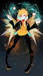  black_jacket blonde_hair blue_eyes electricity full_body grin jacket jewelry male_focus necklace poke_ball pokemon pokemon_go projecttiger smile solo spark_(pokemon) sparkle 