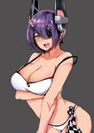  :o bare_shoulders bikini breasts brown_eyes cleavage grey_background highres kantai_collection large_breasts looking_at_viewer norman_maggot open_mouth purple_hair short_hair simple_background solo strap_slip swimsuit teeth tenryuu_(kantai_collection) white_bikini 