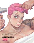 change_(437483723) close-up closed_mouth comb face green_eyes hair_dryer highres muscle muscular_female overwatch pink_hair signature simple_background solo towel white_background zarya_(overwatch) 