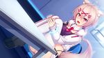  1girl animal_ears aristear_remain astronauts astronauts_comet blush breasts chair dutch_angle game_cg highres indoors jacket kokusan_moyashi legs long_sleeves looking_away open_mouth pink_hair red_eyes restrained rozea shoes short_hair sitting skirt small_breasts solo table tail thighhighs thighs window 