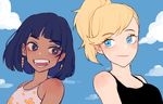  :d bare_shoulders black_hair black_shirt blonde_hair blue_eyes blue_sky braid child cloud cloudy_sky day eyebrows eyebrows_visible_through_hair floral_print hair_tubes looking_at_another mercy_(overwatch) multiple_girls open_mouth overwatch pharah_(overwatch) ponytail shirt short_hair side_braids sky sleeveless sleeveless_shirt smile tank_top teeth toma_(tomama97) younger 