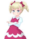  1girl arezea blonde_hair blush bow child copyright_request dress eyebrows eyebrows_visible_through_hair eyelashes hair_bow looking_at_viewer shiny shiny_hair shiny_skin simple_background solo twin_drills white_background 
