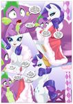  anthro balls bbmbbf bed clothed clothing comic cuddling cutie_mark duo erect_nipples fangs female fur hi_res male my_little_pony nipples nude oral rarity(mlp) robe sex speech_bubble spike(mlp) text topless white_fur 