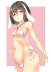  alternate_costume animal_ears arm_at_side bare_arms bare_legs bikini breasts brown_hair bunny_ears bunny_girl bunny_tail inaba_tewi jewelry looking_at_viewer micro_bikini navel pendant pink_background red_eyes short_hair side-tie_bikini sideboob small_breasts smile solo sugiyuu swimsuit tail touhou underboob 
