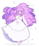  barefoot breasts cleavage dress drill_hair flower gem hair_flower hair_ornament highres large_breasts long_hair looking_at_viewer navel_cutout petals pink_hair punipaws rose_quartz_universe smile solo steven_universe very_long_hair white_dress 