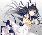  alternate_costume black_hair blue_eyes blush constellation double-breasted dress dutch_angle gradient gradient_background grey_background hair_ribbon hair_tubes hakurei_reimu long_hair looking_to_the_side mochizuki_shiina petticoat ribbon sailor_collar sailor_dress sleeveless smile solo touhou 