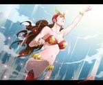  belt bikini bracelet breasts brown_eyes brown_hair clenched_hands cloud curly_hair darna darna_(character) day flying helmet jewelry kevintut large_breasts loincloth long_hair midriff navel signature sky solo star superhero swimsuit 