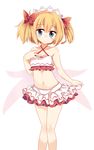  bikini bikini_skirt blue_eyes blush bow frilled_bikini frills hair_bow highres looking_at_viewer maturiuta_sorato midriff navel red_bow short_hair simple_background solo standing sunny_milk swimsuit touhou twintails white_background wings 