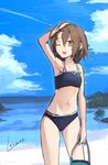  beach bikini brown_eyes brown_hair bucket day kantai_collection lansane one_eye_closed rock short_hair solo standing swimsuit wakaba_(kantai_collection) 