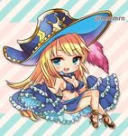  awilda_(p&amp;d) bikini_top blonde_hair blue_eyes blush breasts chibi cleavage hat high_heels large_breasts long_hair lowres marshmallow_mille midriff mole mole_under_eye pirate_hat puzzle_&amp;_dragons sideboob skirt smile solo very_long_hair 