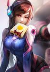  ;) animal_print armor bangs bodysuit breasts brown_eyes brown_hair bunny_print cowboy_shot d.va_(overwatch) eyelashes facepaint facial_mark food food_in_mouth freckles gloves headphones high_collar highres large_breasts lipstick long_hair makeup meka_(overwatch) mouth_hold mummy_(hellomummy) one_eye_closed overwatch pauldrons pilot_suit red_lips red_lipstick ribbed_bodysuit shoulder_pads skin_tight smile solo swept_bangs toast toast_in_mouth turtleneck whisker_markings 