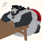  2016 4_fingers anthro bear beard belly big_belly black_fur black_hair black_tongue chest_tuft claws clothed clothing digital_media_(artwork) ears_back eyes_closed facial_hair facial_piercing fur galvinwolf grey_fur hair hi_res hyper hyper_belly leaning leaning_forward male mammal moobs multicolored_fur nose_piercing nose_ring obese open_mouth overweight overweight_male piercing septum_piercing sharp_teeth shorts signature simple_background solo table teeth tongue topless tuft two_tone_fur white_background 