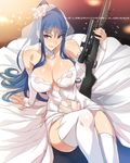  arm_support ban blue_eyes blue_hair breasts bridal_veil cleavage detached_sleeves dress grisaia_(series) grisaia_no_meikyuu grisaia_no_rakuen gun highres holding holding_gun holding_weapon kusakabe_asako large_breasts long_hair looking_at_viewer navel reclining rifle see-through sitting smile sniper_rifle solo thighhighs veil weapon wedding_dress white_legwear 