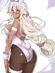  animal_ears ass blush breasts bunny_ears bunny_tail bunnysuit dark_elf dark_skin elf large_breasts long_hair looking_back nervous pantyhose pointy_ears sansei_muramasa shiny shiny_clothes solo soukou_akki_muramasa sweat tail tenkuu_sphere white_hair wrist_cuffs 