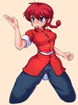  average-hanzo blue_eyes blue_pants braid breasts chinese_clothes genderswap genderswap_(mtf) long_hair medium_breasts open_mouth pants ranma-chan ranma_1/2 red_hair saotome_ranma simple_background single_braid sleeves_folded_up solo tangzhuang 