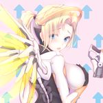  :o black_gloves blonde_hair blue_eyes blush bodysuit breasts eyebrows eyebrows_visible_through_hair from_behind gloves hair_ornament hair_tie hand_on_breast highres hitomilook large_breasts long_sleeves looking_at_viewer looking_back mercy_(overwatch) open_mouth overwatch pink_lips ponytail skin_tight solo spread_wings turtleneck wings yellow_wings 